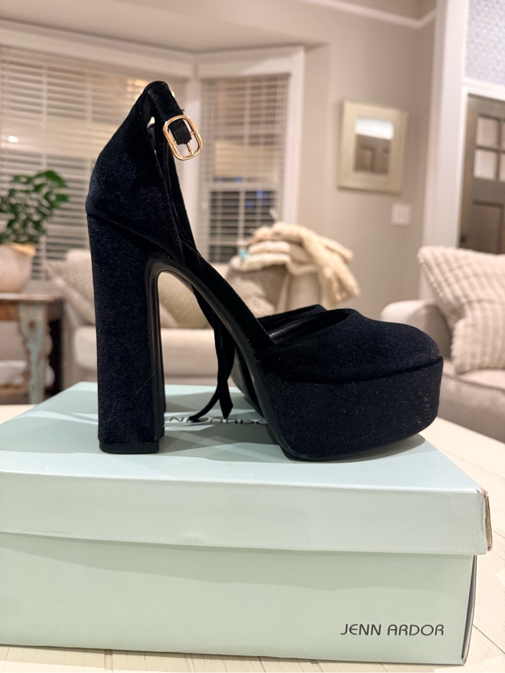 Jenn Ardor Black Velvet Platform Mary Jane with Gold Buckle